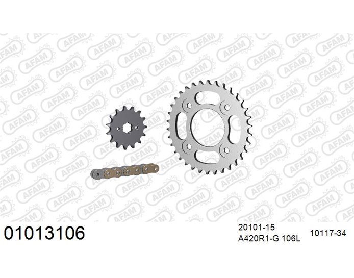 01013106 - AFAM Premium Chain & Steel Sprocket Kit, 420 (OE pitch) - Gold 106 link chain, 15T steel/34T steel sprockets