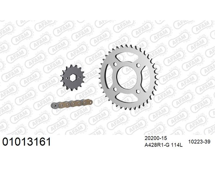 01013161 - AFAM Premium Chain & Steel Sprocket Kit, 428 (OE pitch) - Gold 114 link chain, 15T steel/39T steel sprockets