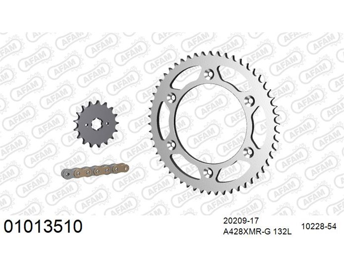 01013510 - AFAM Premium Chain & Steel Sprocket Kit, 428 (OE pitch) - Gold 132 link chain, 17T steel/54T steel sprockets