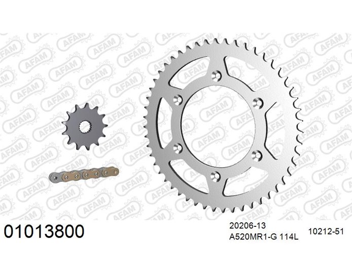 01013800 - AFAM Premium Chain & Steel Sprocket Kit, 520 (OE pitch) - Gold 114 link chain, 13T steel/51T steel sprockets