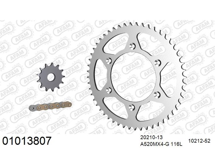 01013807 - AFAM Premium Chain & Steel Sprocket Kit, 520 (OE pitch) - Gold 116 link chain, 13T steel/52T steel sprockets