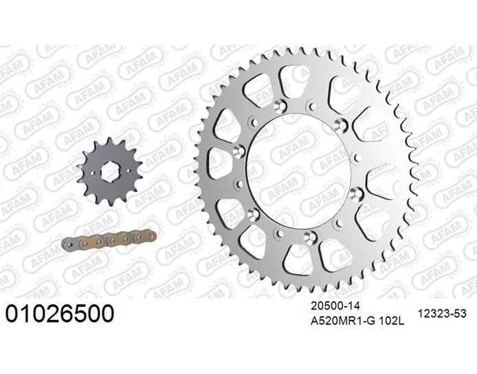 01026500 - AFAM Premium Chain & Steel Sprocket Kit, 520 (OE pitch) - Gold 102 link chain, 14T steel/53T steel sprockets