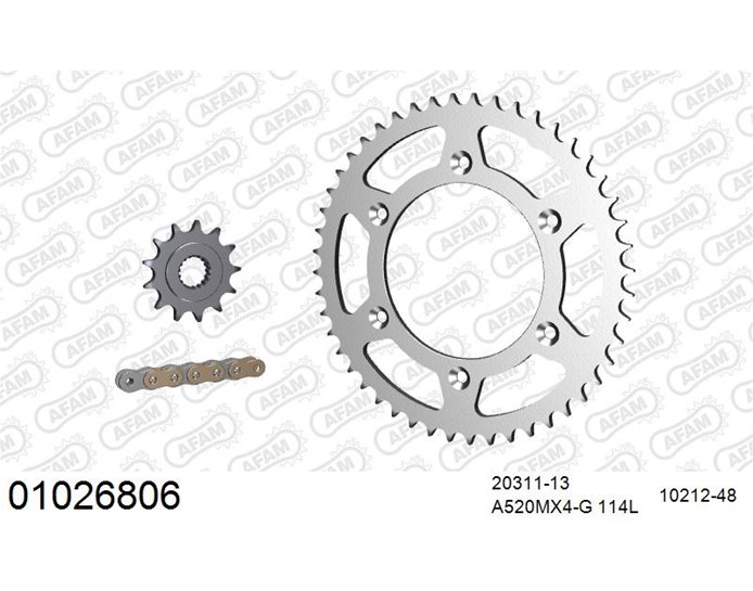 01026806 - AFAM Premium Chain & Steel Sprocket Kit, 520 (OE pitch) - Gold 114 link chain, 13T steel/48T steel sprockets
