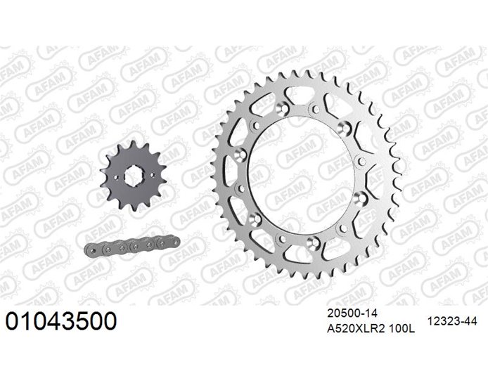 01043500 - AFAM Premium Chain & Steel Sprocket Kit, 520 (OE pitch) - Gold 100 link chain, 14T steel/44T steel sprockets