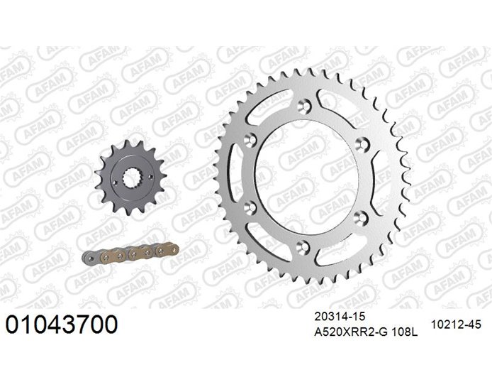 01043700 - AFAM Premium Chain & Steel Sprocket Kit, 520 (OE pitch) - Gold 108 link chain, 15T steel/45T steel sprockets