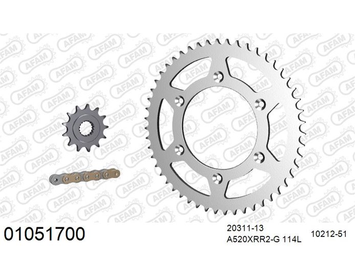 01051700 - AFAM Premium Chain & Steel Sprocket Kit, 520 (OE pitch) - Gold 114 link chain, 13T steel/51T steel sprockets