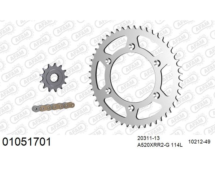 01051701 - AFAM Premium Chain & Steel Sprocket Kit, 520 conversion - Gold 114 link chain, 13T steel/50T steel sprockets