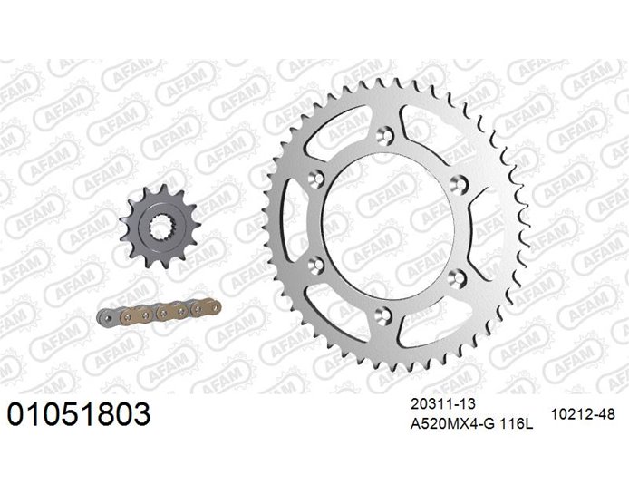 01051803 - AFAM Premium Chain & Steel Sprocket Kit, 520 (OE pitch) - Gold 116 link chain, 13T steel/48T steel sprockets