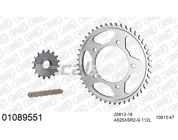 01089551 - AFAM Premium Chain & Steel Sprocket Kit, 525 (OE pitch) - Gold 112 link chain, 16T steel/47T steel sprockets