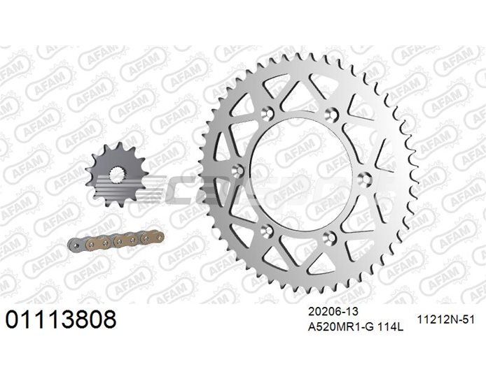 01113808 - AFAM Premium Chain & Ultralight Alu Racing Sprocket Kit, 520 (OE pitch) - Gold 114 link chain, 13T steel/51T alu sprockets