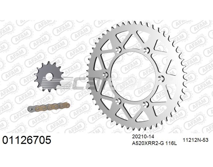 01126705 - AFAM Premium Chain & Ultralight Alu Racing Sprocket Kit, 520 (OE pitch) - Gold 116 link chain, 14T steel/53T alu sprockets