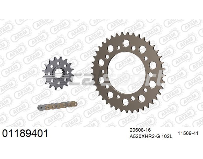01189401 - AFAM Premium Chain & Ultralight Alu Racing Sprocket Kit, 520 conversion - Gold 102 link chain, 16T steel/41T alu sprockets