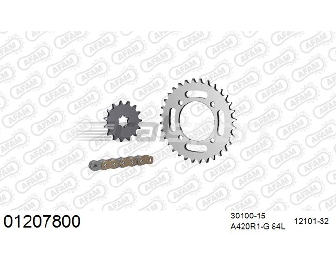 01207800 - AFAM Premium Chain & Steel Sprocket Kit, 420 (OE pitch) - Gold 84 link chain, 15T steel/32T steel sprockets