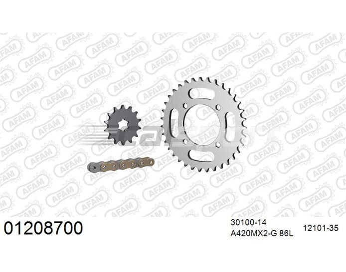 01208700 - AFAM Premium Chain & Steel Sprocket Kit, 420 (OE pitch) - Gold 86 link chain, 14T steel/35T steel sprockets