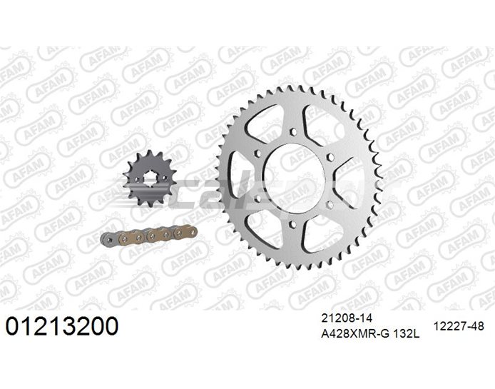 01213200 - AFAM Premium Chain & Steel Sprocket Kit, 428 (OE pitch) - Gold 132 link chain, 14T steel/48T steel sprockets