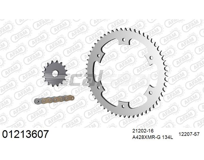 01213607 - AFAM Premium Chain & Steel Sprocket Kit, 428 (OE pitch) - Gold 134 link chain, 16T steel/57T steel sprockets