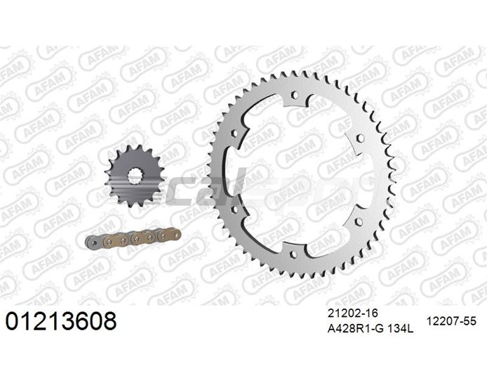 01213608 - AFAM Premium Chain & Steel Sprocket Kit, 428 (OE pitch) - Gold 134 link chain, 16T steel/55T steel sprockets