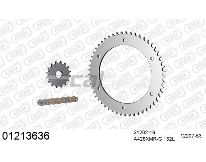 01213636 - AFAM Premium Chain & Steel Sprocket Kit, 428 (OE pitch) - Gold 132 link chain, 16T steel/53T steel sprockets