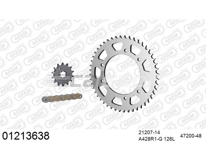 01213638 - AFAM Premium Chain & Steel Sprocket Kit, 428 (OE pitch) - Gold 126 link chain, 14T steel/48T steel sprockets
