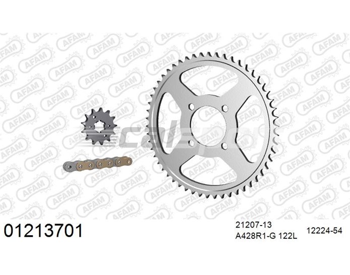 01213701 - AFAM Premium Chain & Steel Sprocket Kit, 428 (OE pitch) - Gold 122 link chain, 13T steel/54T steel sprockets