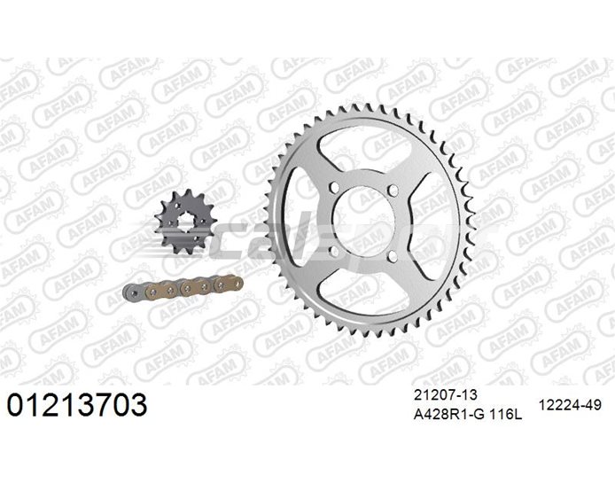 01213703 - AFAM Premium Chain & Steel Sprocket Kit, 428 (OE pitch) - Gold 116 link chain, 13T steel/49T steel sprockets