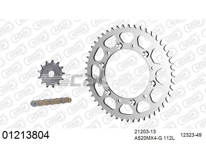 01213804 - AFAM Premium Chain & Steel Sprocket Kit, 520 (OE pitch) - Gold 112 link chain, 13T steel/49T steel sprockets