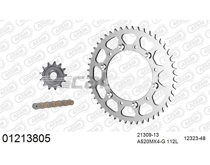 01213805 - AFAM Premium Chain & Steel Sprocket Kit, 520 (OE pitch) - Gold 112 link chain, 13T steel/48T steel sprockets
