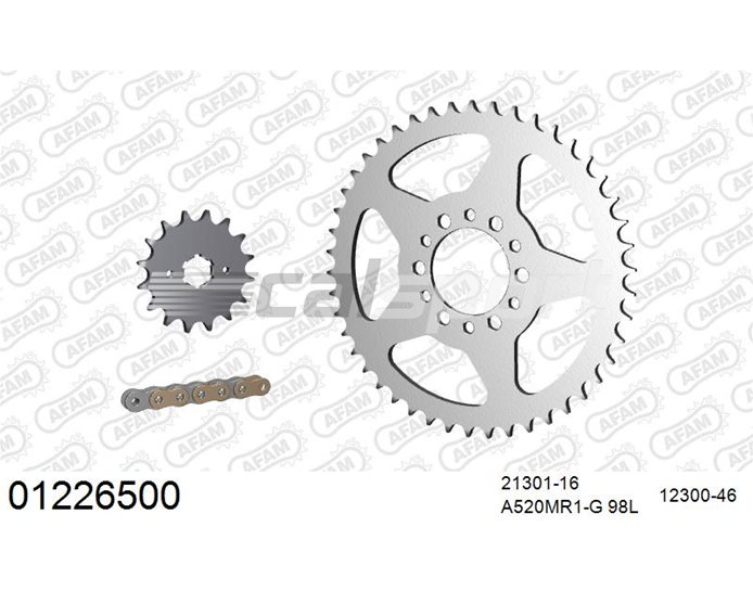 01226500 - AFAM Premium Chain & Steel Sprocket Kit, 520 (OE pitch) - Gold 98 link chain, 16T steel/46T steel sprockets