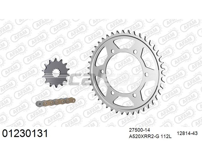 01230131 - AFAM Premium Chain & Steel Sprocket Kit, 520 (OE pitch) - Gold 112 link chain, 14T steel/43T steel sprockets