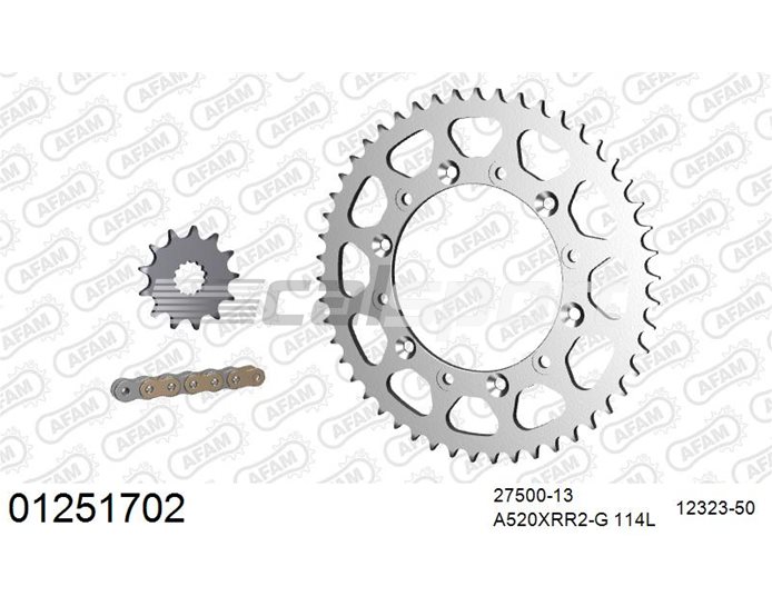 01251702 - AFAM Premium Chain & Steel Sprocket Kit, 520 (OE pitch) - Gold 114 link chain, 13T steel/50T steel sprockets