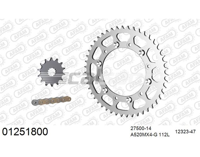 01251800 - AFAM Premium Chain & Steel Sprocket Kit, 520 (OE pitch) - Gold 112 link chain, 14T steel/47T steel sprockets