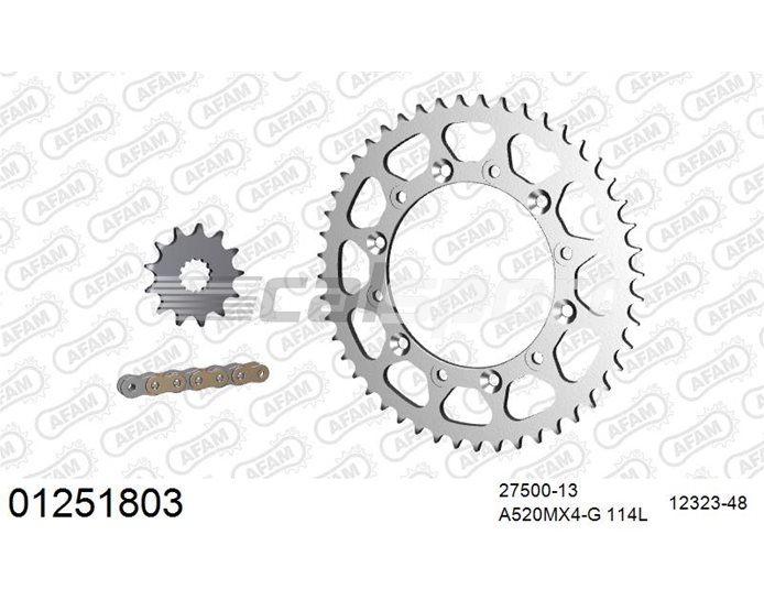 01251803 - AFAM Premium Chain & Steel Sprocket Kit, 520 (OE pitch) - Gold 114 link chain, 13T steel/48T steel sprockets