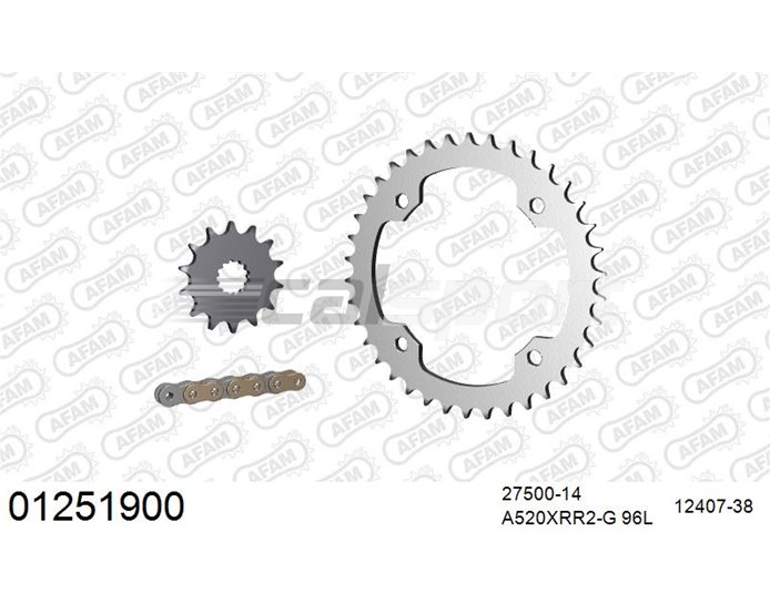 01251900 - AFAM Premium Chain & Steel Sprocket Kit, 520 (OE pitch) - Gold 96 link chain, 14T steel/38T steel sprockets