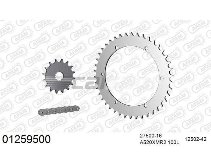 01259500 - AFAM Premium Chain & Steel Sprocket Kit, 520 (OE pitch) - Gold 100 link chain, 16T steel/42T steel sprockets
