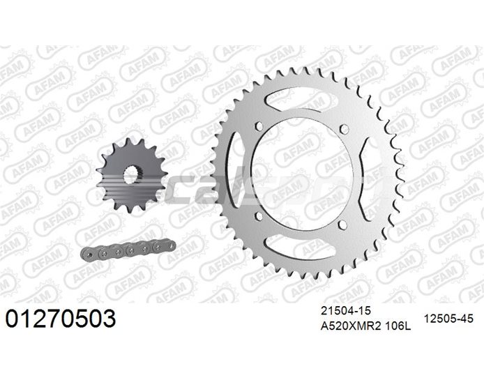 01270503 - AFAM Premium Chain & Steel Sprocket Kit, 520 (OE pitch) - Plain Steel 106 link chain, 15T steel/45T steel sprockets