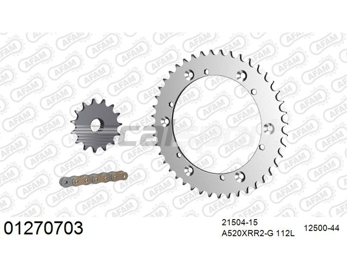 01270703 - AFAM Premium Chain & Steel Sprocket Kit, 520 (OE pitch) - Gold 112 link chain, 15T steel/44T steel sprockets