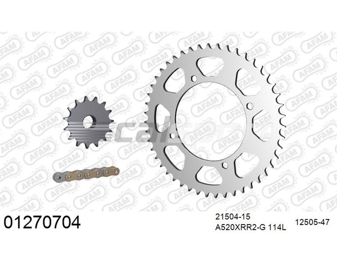 01270704 - AFAM Premium Chain & Steel Sprocket Kit, 520 (OE pitch) - Gold 114 link chain, 15T steel/47T steel sprockets