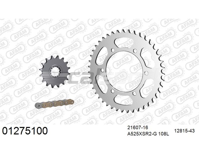01275100 - AFAM Premium Chain & Steel Sprocket Kit, 525 (OE pitch) - Gold 108 link chain, 16T steel/43T steel sprockets