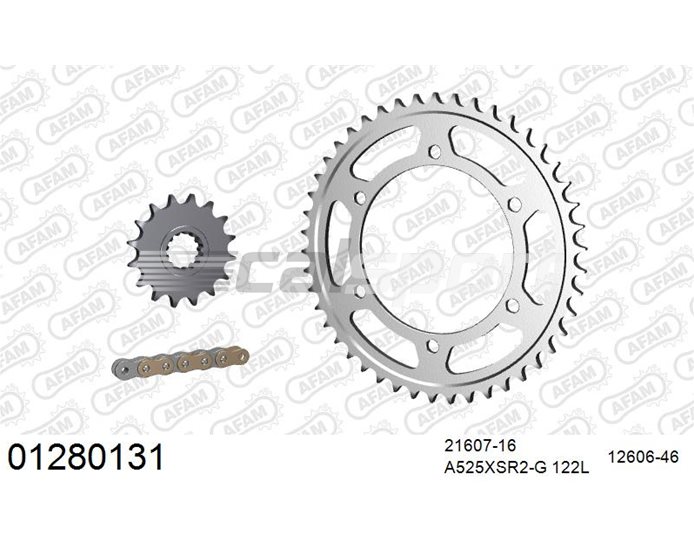 01280131 - AFAM Premium Chain & Steel Sprocket Kit, 525 (OE pitch) - Gold 122 link chain, 16T steel/46T steel sprockets