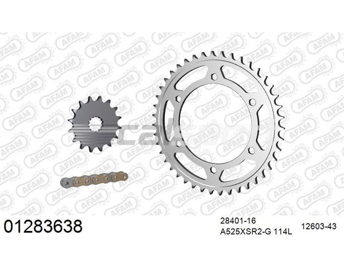01283638 - AFAM Premium Chain & Steel Sprocket Kit, 525 (OE pitch) - Plain Steel 114 link chain, 16T steel/43T steel sprockets