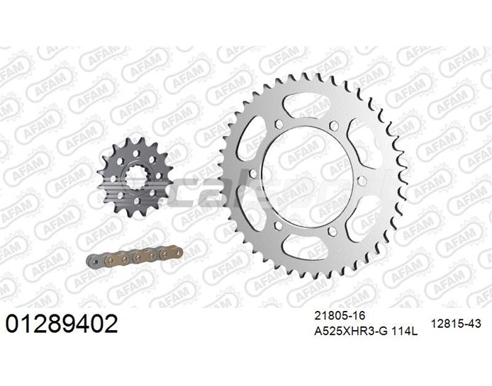 01289402 - AFAM Premium Chain & Steel Sprocket Kit, 525 conversion - Gold 114 link chain, 16T steel/43T steel sprockets