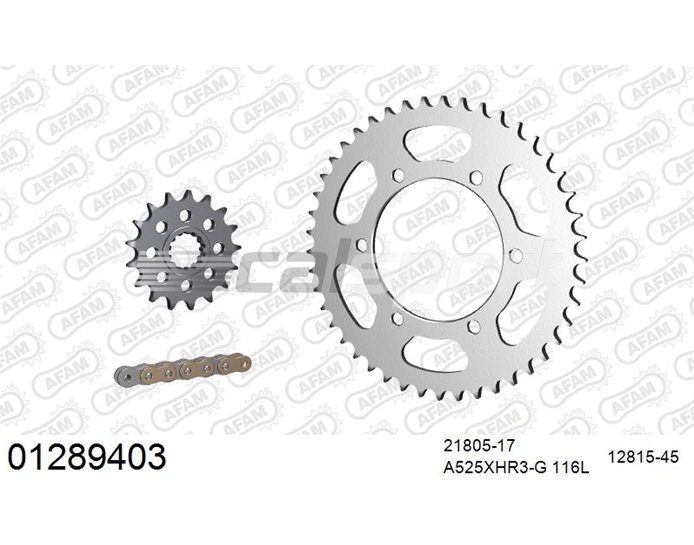 01289403 - AFAM Premium Chain & Steel Sprocket Kit, 525 conversion - Gold 116 link chain, 17T steel/45T steel sprockets