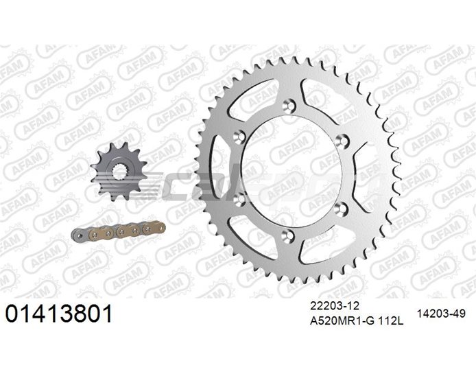 01413801 - AFAM Premium Chain & Steel Sprocket Kit, 520 (OE pitch) - Gold 112 link chain, 12T steel/49T steel sprockets