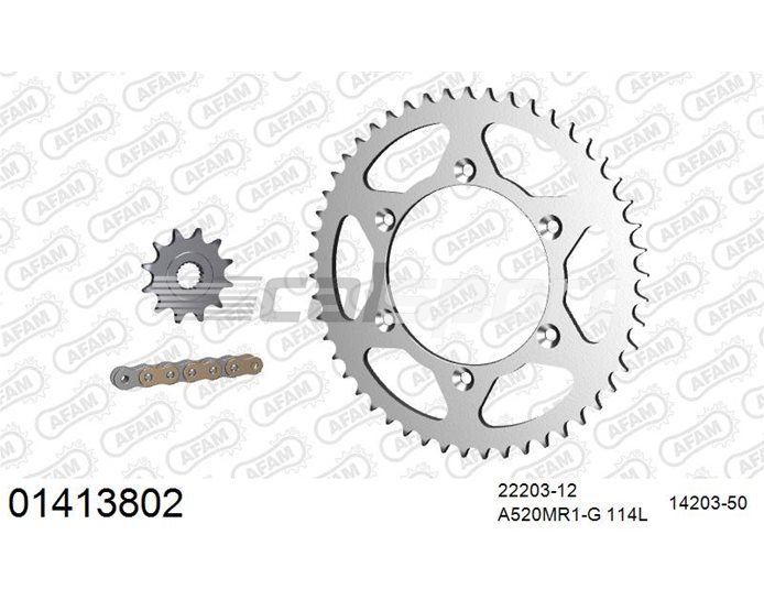 01413802 - AFAM Premium Chain & Steel Sprocket Kit, 520 (OE pitch) - Gold 114 link chain, 12T steel/50T steel sprockets