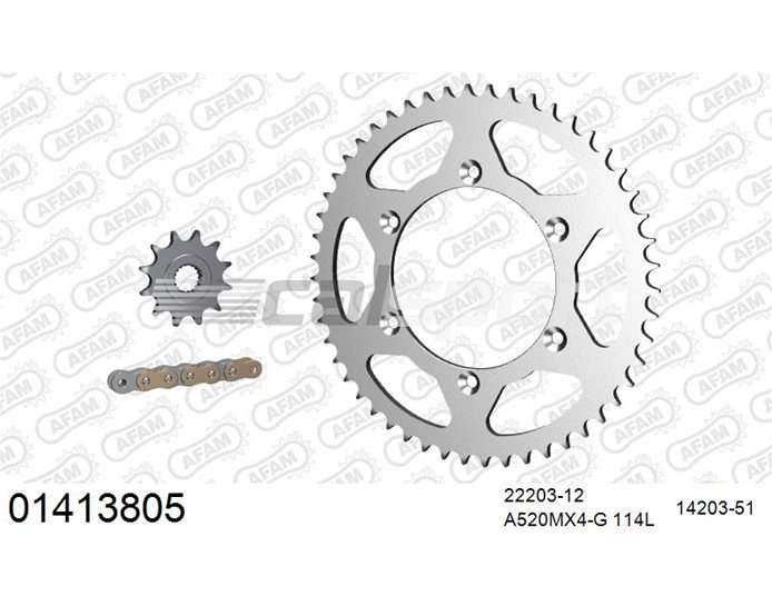01413805 - AFAM Premium Chain & Steel Sprocket Kit, 520 (OE pitch) - Gold 114 link chain, 12T steel/51T steel sprockets