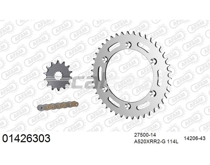 01426303 - AFAM Premium Chain & Steel Sprocket Kit, 520 (OE pitch) - Gold 114 link chain, 14T steel/43T steel sprockets