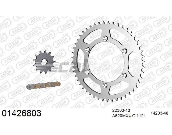 01426803 - AFAM Premium Chain & Steel Sprocket Kit, 520 (OE pitch) - Gold 112 link chain, 13T steel/48T steel sprockets