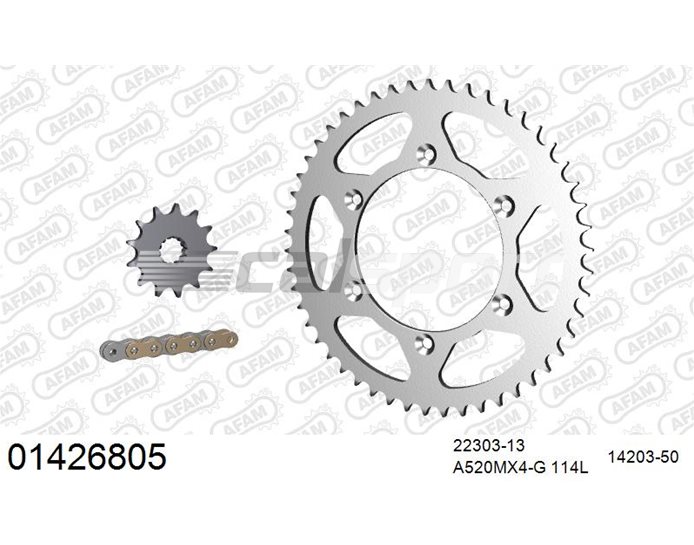 01426805 - AFAM Premium Chain & Steel Sprocket Kit, 520 (OE pitch) - Gold 114 link chain, 13T steel/50T steel sprockets