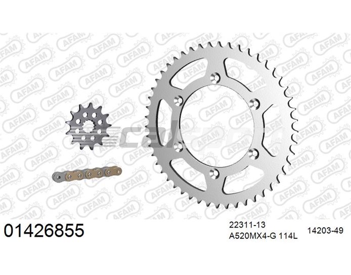 01426855 - AFAM Premium Chain & Steel Sprocket Kit, 520 (OE pitch) - Gold 114 link chain, 13T steel/49T steel sprockets