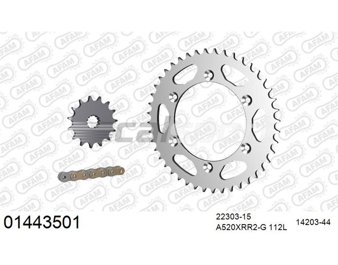 01443501 - AFAM Premium Chain & Steel Sprocket Kit, 520 (OE pitch) - Gold 112 link chain, 15T steel/44T steel sprockets